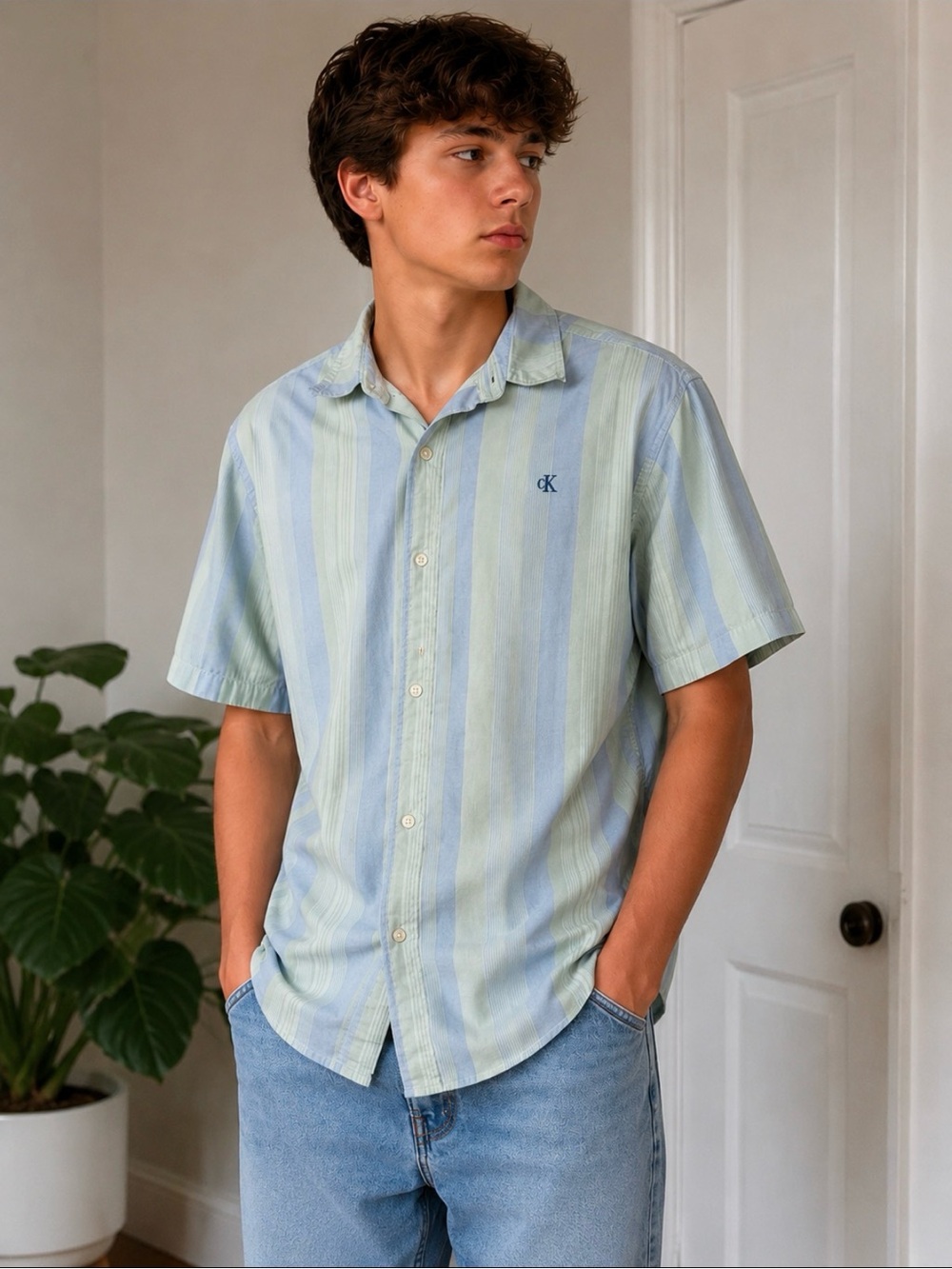 Calvin Klein Striped ButtonShirt Up XL 18/20. Color Blue - Mint.